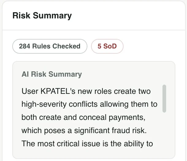 Risk summary with 284 rules checked, 5 SoD risks and an AI risk summary in plain language