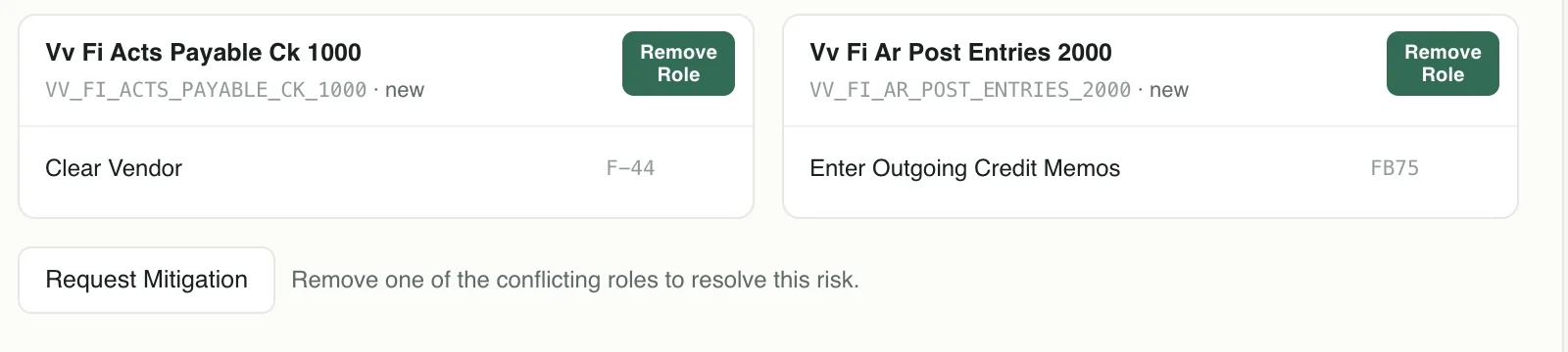 A high risk expanded to show the two conflicting roles with Remove Role actions and a Request Mitigation option