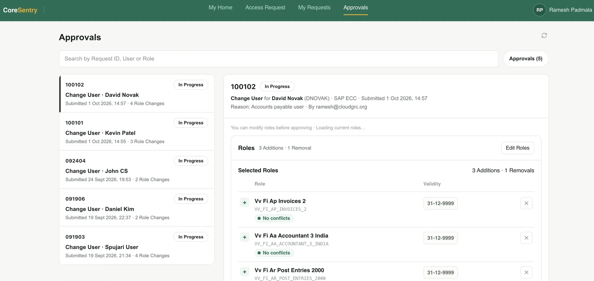 Approvals inbox with a change user request open for review