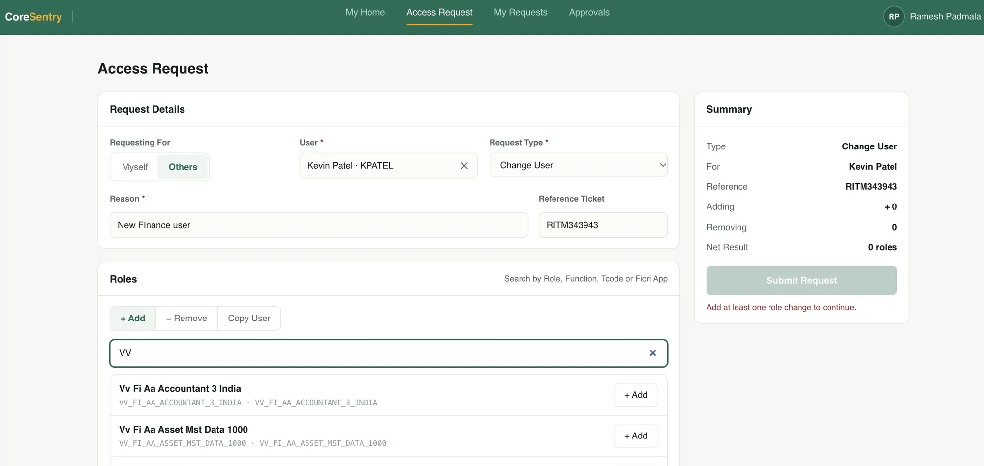 CoreSentry access request page with request details for Kevin Patel and a role search