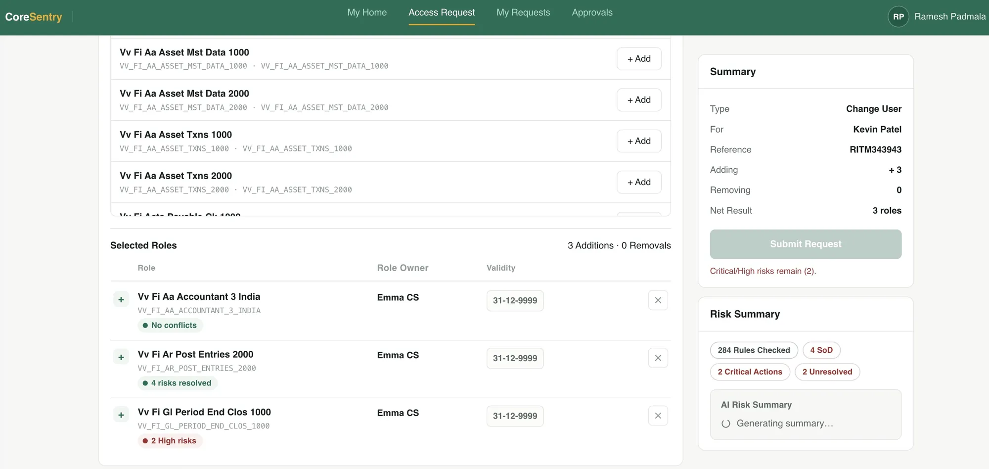 Selected roles with role owner, validity and conflict status next to the request summary